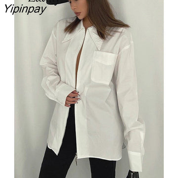 Yipinpay 2023 Spring Long Sleeve Minimalist Women's White Shirt Streetwear Zipper Up Pocket Women Tunic Blouse Causal Top Clothing